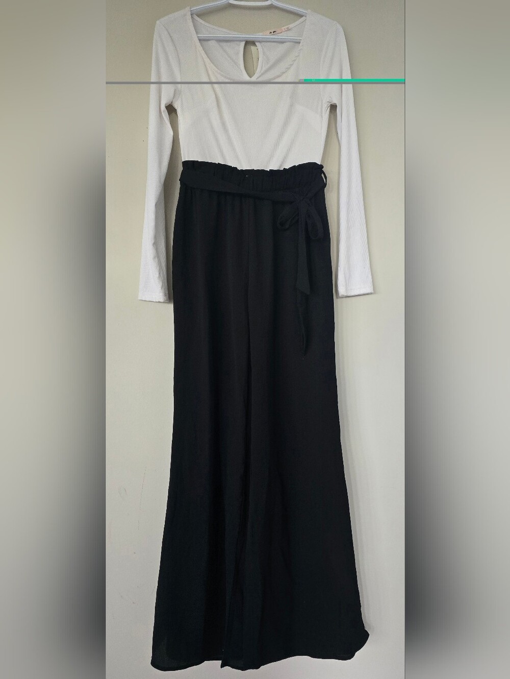 NWT Miami Black Wide-Leg Jumpsuit with Tie Waist. Ribbed Top. Key Hole Back.